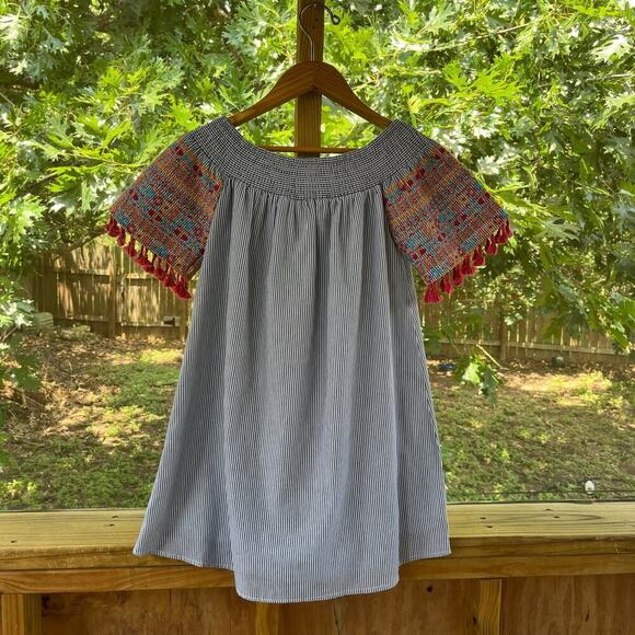 Savanna Jane Women's Blue Striped Embroidered Trim Mini Dress Size S - Picture 2 of 7